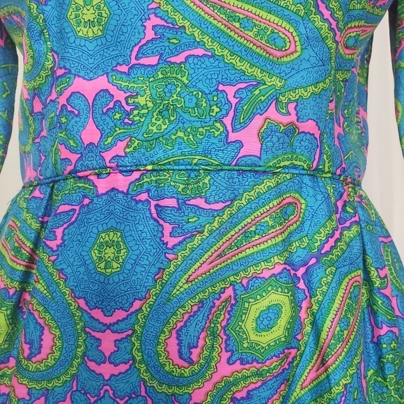Vintage Sue Brett vibrant paisley dress blue green pink ruffle hem cuff 70s gorg - Picture 6 of 14